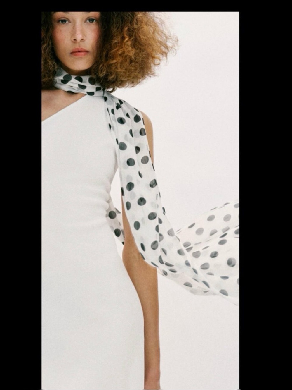 Zara White One-Shoulder Dress with Black Polka Dot Scarf